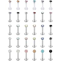 ADRAMATA 30Pcs 16G Lip Studs Labret Monroe Nose Studs Ear Piercings Stainless Steel/Acrylic Hypoallergenic CZ Cartilage Tragus Helix Barbell Body Piercing Jewelry