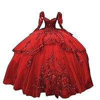 Sparkly Lace Flower Square Neck Asymmetrical Puffy Skirt Quinceanera Prom Dresses Long Illusion Sleeves 2024