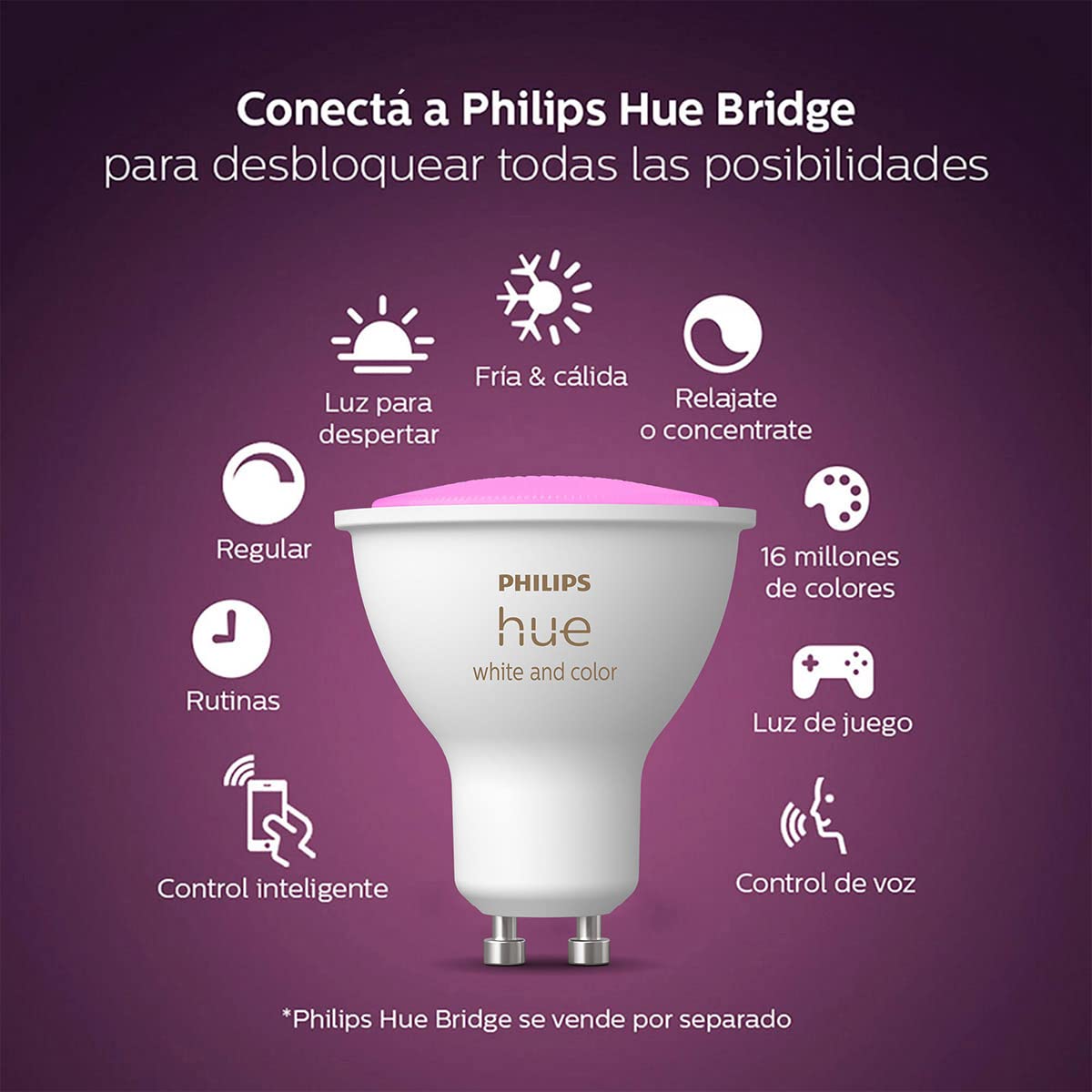 Philips Hue White & Color Ambiance LED Smart GU10 Bulb, Bluetooth & Zigbee Compatible (Hue Hub Optional), Voice Activated with Alexa, 1 Bulb