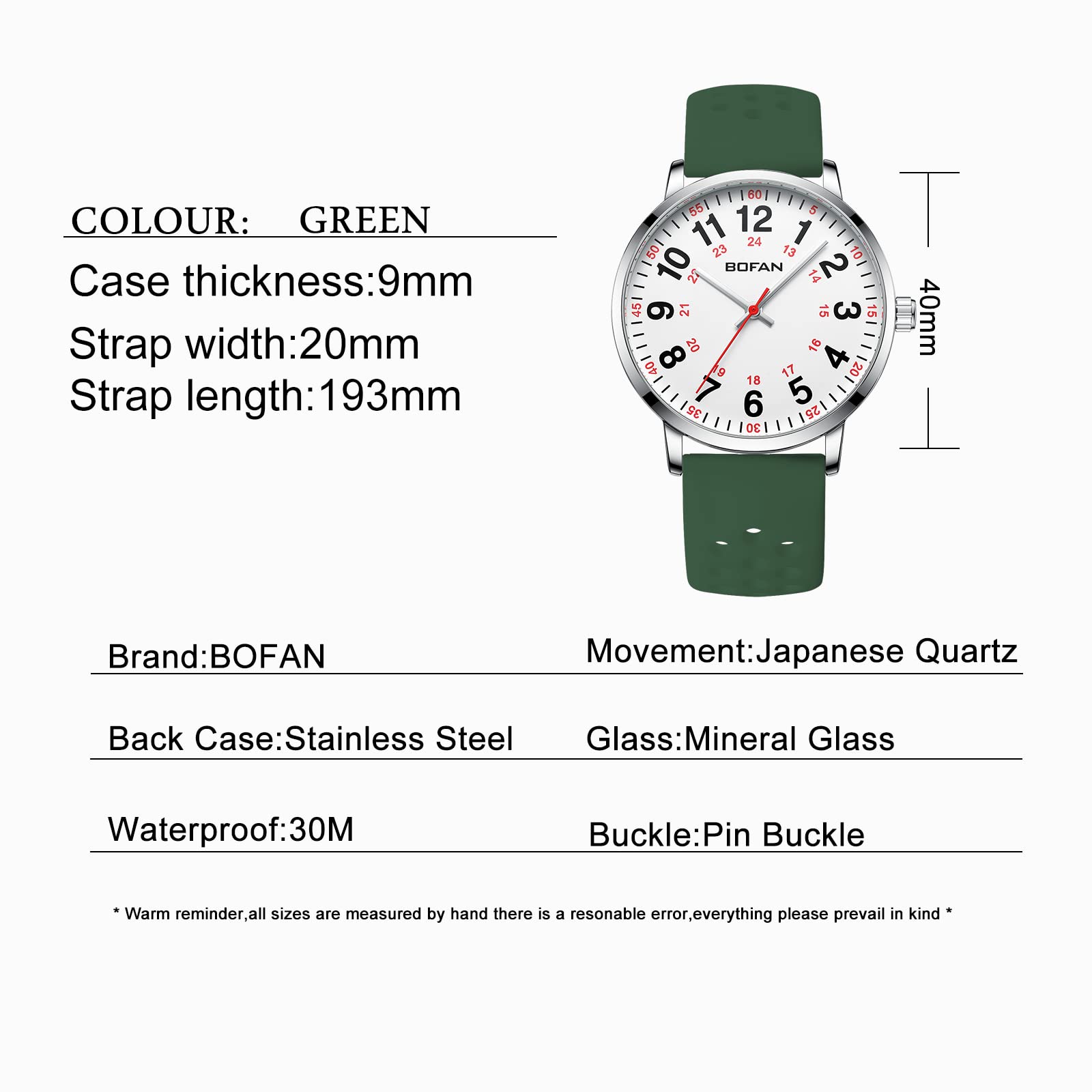 BOFAN Nurse Watch for Nurse,Medical Professionals,Students,Doctors with Various Medical Scrub Colors,Easy to Read Dial,Second Hand and 24 Hour,Soft and Breathable Silicone Band,Water Resistant.