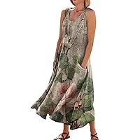 Women's Summer Casual Dresses Sleeveless Floral Print Tank Sundress Pleated T-Shirt Cotton, S-3XL