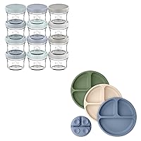 KeaBabies 12-Pack Baby Food Glass Containers and Suction Plates for Baby, Toddler - 4 oz Leak-Proof, Microwavable, Baby Food Storage Container - 3-Pack 100% Silicone Divided Baby Plates with Suction