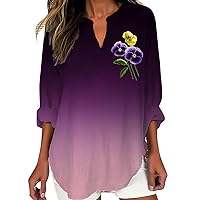 Women's Long Sleeve T Shirts Loose Fit V Neck Casual Fashion Floral Print Shirt Stylish Breathable Lightweight Blouses