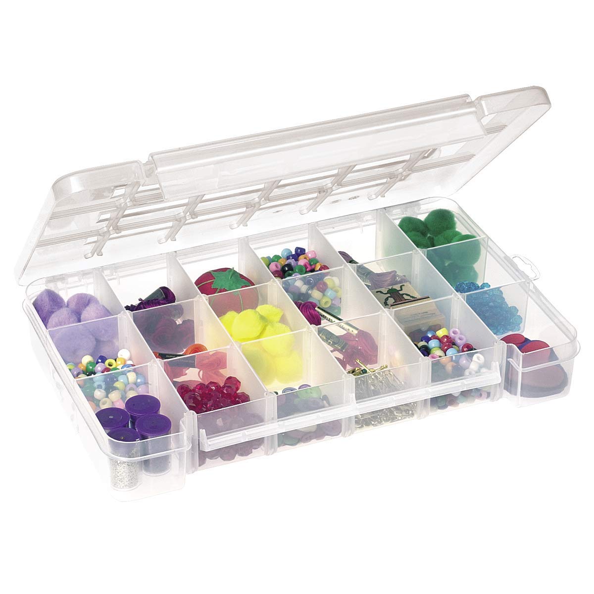 Akro-Mils 05905 Plastic Portable Parts Storage Case for Hardware and Crafts with Hinged Lid and 5 Adjustable Dividers, (14-3/8-Inch x 9-1/2-Inch x 2-1/2-Inch), Large, Clear