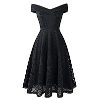 Women's Elegant Floral Lace Dress Off The Shoulder A-Line Ruffle Hem Swing Dresses for Wedding for Cocktail for Party