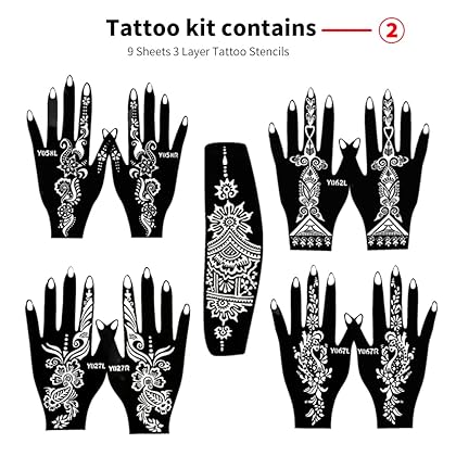 11 Sheet of 84 Tattoo Patterns, Tattoo Stencils Kit, 6 Pcs 3 Colors Temporary Tattoo Kit, Brown Black Maroon