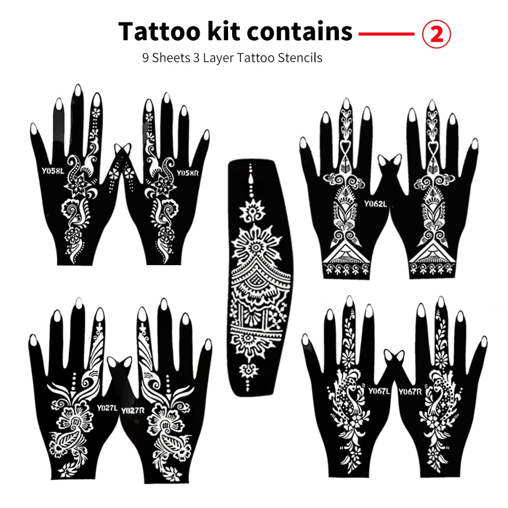 11 Sheet of 84 Tattoo Patterns, Tattoo Stencils Kit, 6 Pcs 3 Colors Temporary Tattoo Kit, Brown Black Maroon