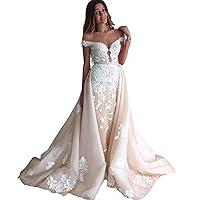 Melisa Long Off Shoulder Lace Applique Wedding Dressesfor Women Bride with Detachable Train Bridal Ball Gown