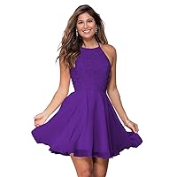 Women's Chiffon Homecoming Dress Laces Applique Short Prom Dresses Knee Length Halter Teens Graduation Party Gown Purple