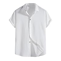 Mens Casual Linen Shirt Short Sleeve Button Down Hawaiian Shirts Lapel Solid Color Regular Fit Summer Beach Shirt