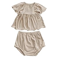 Family Easter Outfits Baby Girl Summer Doll Shirt Bread Shorts Plain Color Simple Suit Wear at Home (Beige, 6-12 Months)