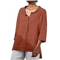 Cotton Linen 3/4 Sleeve Tunic Tops for Women High Low Hem V-Neck Tees Shirts Summer Casual Plus Size Fashion Classic Blouses