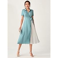 Women Dresses Two Tone Knot Side Fold Pleated Belted Dress (Color : Mint Blue, Size : X-Small)