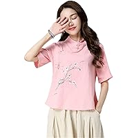 Summer Chinese Style Women's Retro Shirts Stand Collar Buckle Loose Cotton and Linen National Women Blouse Top