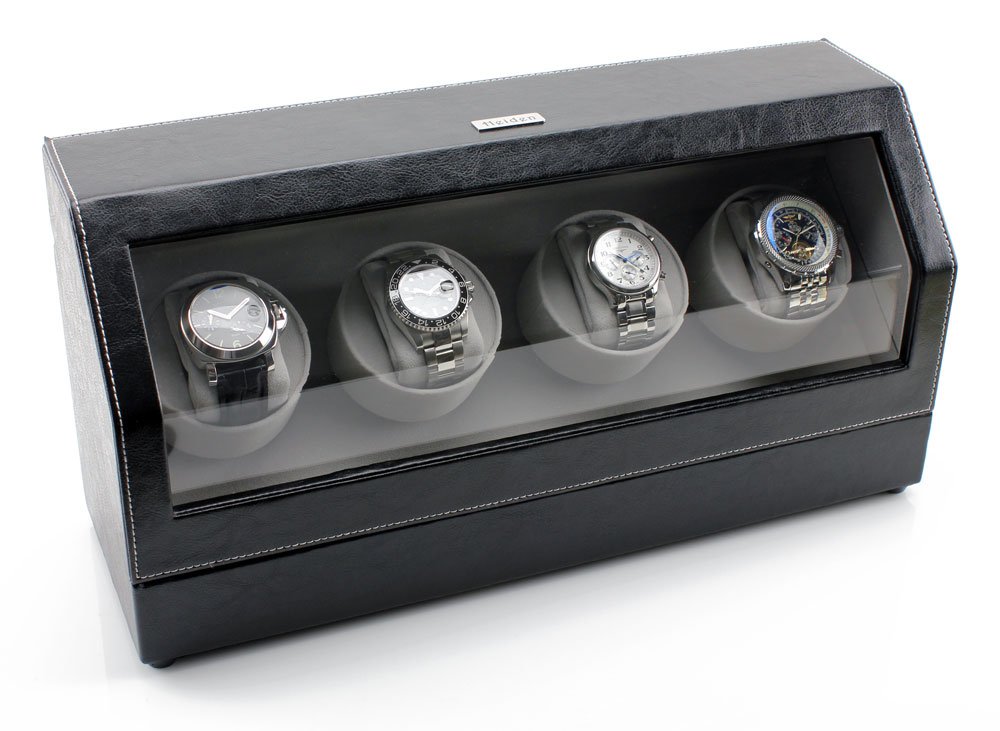 Heiden Quad Watch Winder in Black Leather - 4 Independent Japanese Motors, 12 Settings, Spring Action Watch Pillow, Large Interior Space for Large Watches, Soft Velvet Interior, Vegan Leather