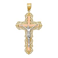 14K Tri Color Solid Textured back Not engraveable Polished and satin Gold Sparkle Cut Crucifix Pendant Necklace Measures 60.6x31.5mm Jewelry Gifts for Women