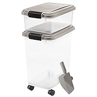 IRIS USA 3-Piece 41 Lbs / 45 Qt WeatherPro Airtight Pet Food Storage Container Combo with Scoop and Treat Box for Dog Cat and Bird Food, Keep Fresh, Translucent Body, Easy Mobility, Chrome