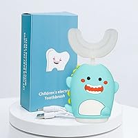 Kids Sonic Electric Toothbrush U Shaped Automatic Timer IPX7 Waterproof 5 Modes 360° Oral Cleaning Teeth Whitening Gums Massage Replaceable Soft Cartoon for 2-7 (Blue Dinosaur)