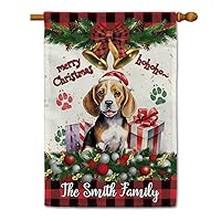 Cute Baby Beagle Dog in Santa Hat House Flag Dog Paws Christmas Decoration Bell Ho Ho Ho Decor Outdoor Yard Banner Custom Name, 28 x 40 Inch Double Side, Style 18