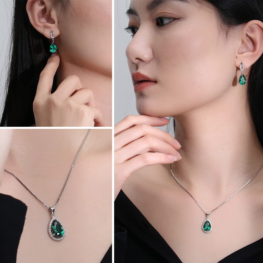 JIANGXIN Teardrop Birthstone 925 Sterling Silver Rhodium Plated Gemstone Jewelry Set for Women Stud Earring Pendant Necklace 16~18inch Italian Box chain