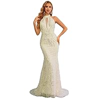 Women's Mermaid Evening Dance Dress for Women Halter Beads Sequin Formal Prom Wedding Party Gowns