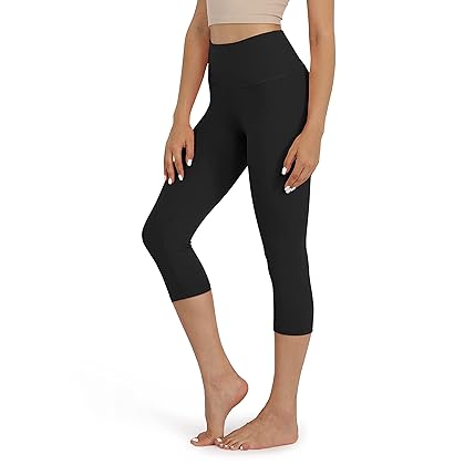 ODODOS Power Flex Yoga Capris Pants Tummy Control Workout Running 4 Way Stretch Yoga Capris Leggingss with Hidden Pocket,Black,Small