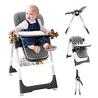 Baby High Chair, 3 Modes Portable High Chair with Wheels, 8-Height Travel Folding High Chair with Tray, Storage Pocket, 4 Recline Adjustable Toddler High Chairs for Babies Grey