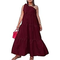 MESLIMA Women's Summer Dress Solid Tie Bow Knot One Shoulder Dress Sleeveless Ruffle A Line Swing Pleated Dress