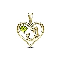 14K Yellow Gold Over 925 Sterling Round Cut Peridot Mom and Child Heart Pendant