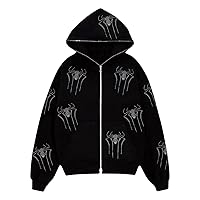 Kaipiclos Skeleton Hoodie Men Women Full Zip Up Hoodie Over Face Oversized Graphic Rhinestone Skull Streetwear Jacket