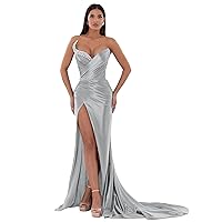 Satin Mermaid Prom Dresses for Women Pleated Strapless with Hight Slit Beaded Formal Evening Gown U015