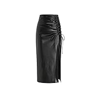 Faux Leather High Waist Drawstring Split Maxi Skirt