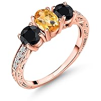 Gem Stone King 2.23 Ct Oval Checkerboard Yellow Citrine Black Sapphire 18K Rose Gold Plated Silver Ring
