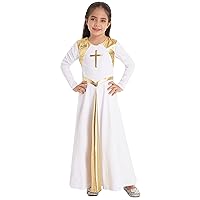 FEESHOW Girls Metallic Cross Liturgical Praise Dance Dress Lyrical Dancewear Kids Color Block Full Length Robe Worship