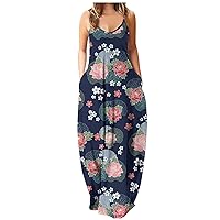 Women's Casual Dress Printing Camisole Maxi Dress Long Dress Baggy Loose Dress Sleeveless with Pocket Summer Sundress Daily Wear Streetwear(11-Navy,2) 0461