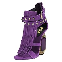FSJ Women Chic Tassels Open Toe Heeled Sandals Chunky High Heel Fringed Rivets Ankle Strap Back Zipper Ladies Shoes Size 4-16 US