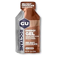 GU Energy Roctane Ultra Endurance Energy Gel, Vegan, Gluten-Free, Kosher, and Dairy-Free On-The-Go Sports Nutrition for Running, Biking, Hiking or Skiing, Sea Salt Chocolate, 24-Count