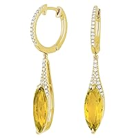 14K Yellow Gold Marquise Shape 615ct Citrine (6x15mm) & .29ct White Diamond Drop Dangle Earrings