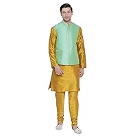 Elina fashion Men's Indian Silk Blend Kurta Pajama And Nehru Jacket (Waistcoat) Traditional Wedding Diwali Dress Set