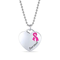 Personalized Heart Shape Charm Pre-Engrave Saying Poem Message Pink Ribbon Breast Cancer Survivor Stretch Bead Bracelet Pendant Necklace For Women Silver Tone Stainless Steel Customizable