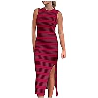 Women's Striped Knit Tank Long Dresses Summer Hollow Crochet Sweater Beach Dress Sexy Side Slit Sleeveless Sundress