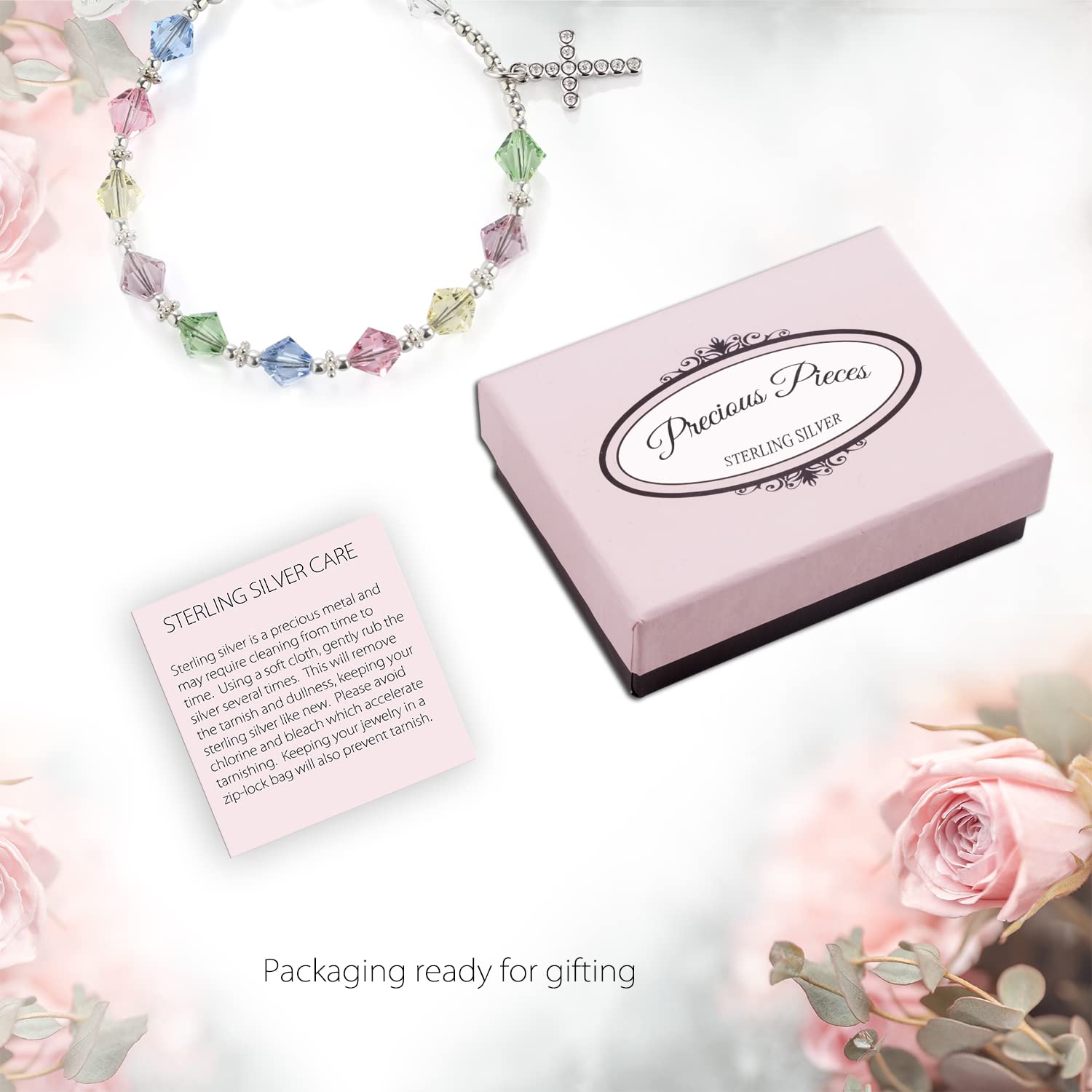Precious Pieces Children's Sterling Silver First Communion Rosary Bracelet with High End Crystals and CZ Cross (6-6.5