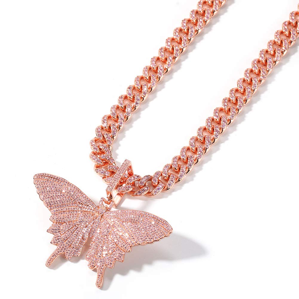 KMASAL Iced Out Chain 18K Gold Plated Fully CZ Simulated Diamond Pink Butterfly Hip Hop Pendent Necklace for Men Women