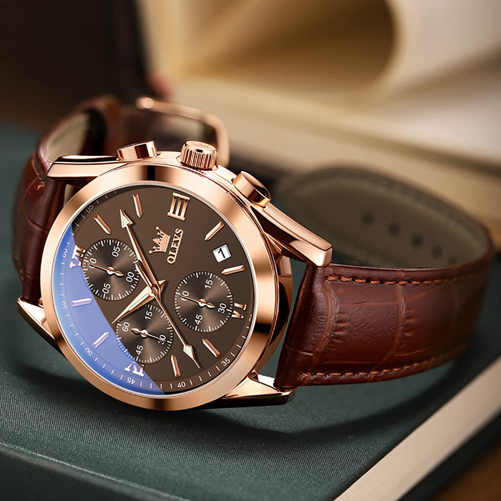 OLEVS Watch for Men Chronograph Brown Leather Gold Case Analog Quartz Fashion Business Dress Large Face Men Watch Day Date Luminous Waterproof Casual Male Wrist Watch Black/Blue/White Dial