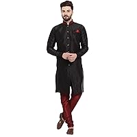 Men's Indian Traditional Shirt Kurta Big Tall Pajama Pant Set Black Silk