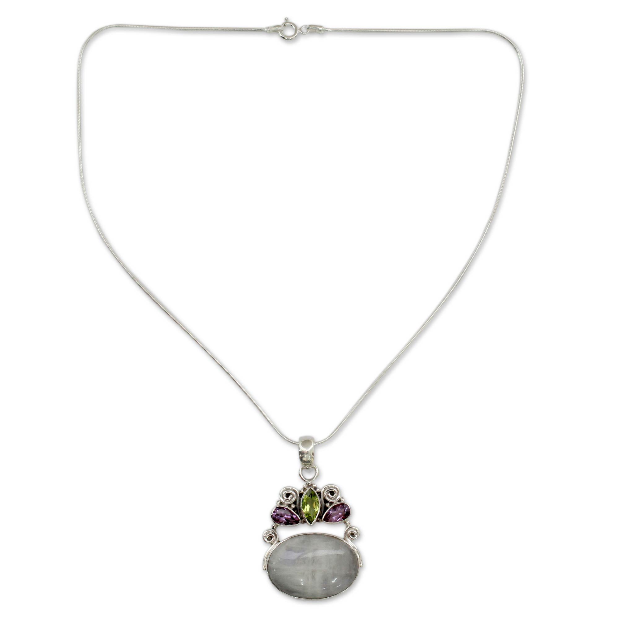 NOVICA Handmade Rainbow Moonstone Amethyst Pendant Necklace .925 Sterling Silver from India Peridot Clear Green Purple Bollywood Birthstone 'Aura'