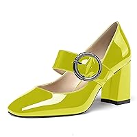 WAYDERNS Women's Patent Leather Mary Jane Adjustable Strap Square Toe Buckle Block High Heel Pumps Shoes 3 Inch