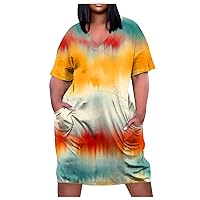 Plus Size Maxi Dress Summer Women V Neck Short Sleeve Knee Pocket Soild Color Casual Dress