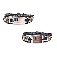 Handmade USA Flag Bracelet 2pc Leather Bracelets for Men Women Woven Cuff Wrap Bracelet Wood Beads Ethnic Tribal Bracelets Adjustable
