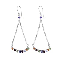 Silvesto India Amethyst, Garnet, Carnelian, Peridot, Iolite, 925 Sterling Silver, Cable-Chain, Threader Style, Large Lightweight Earring